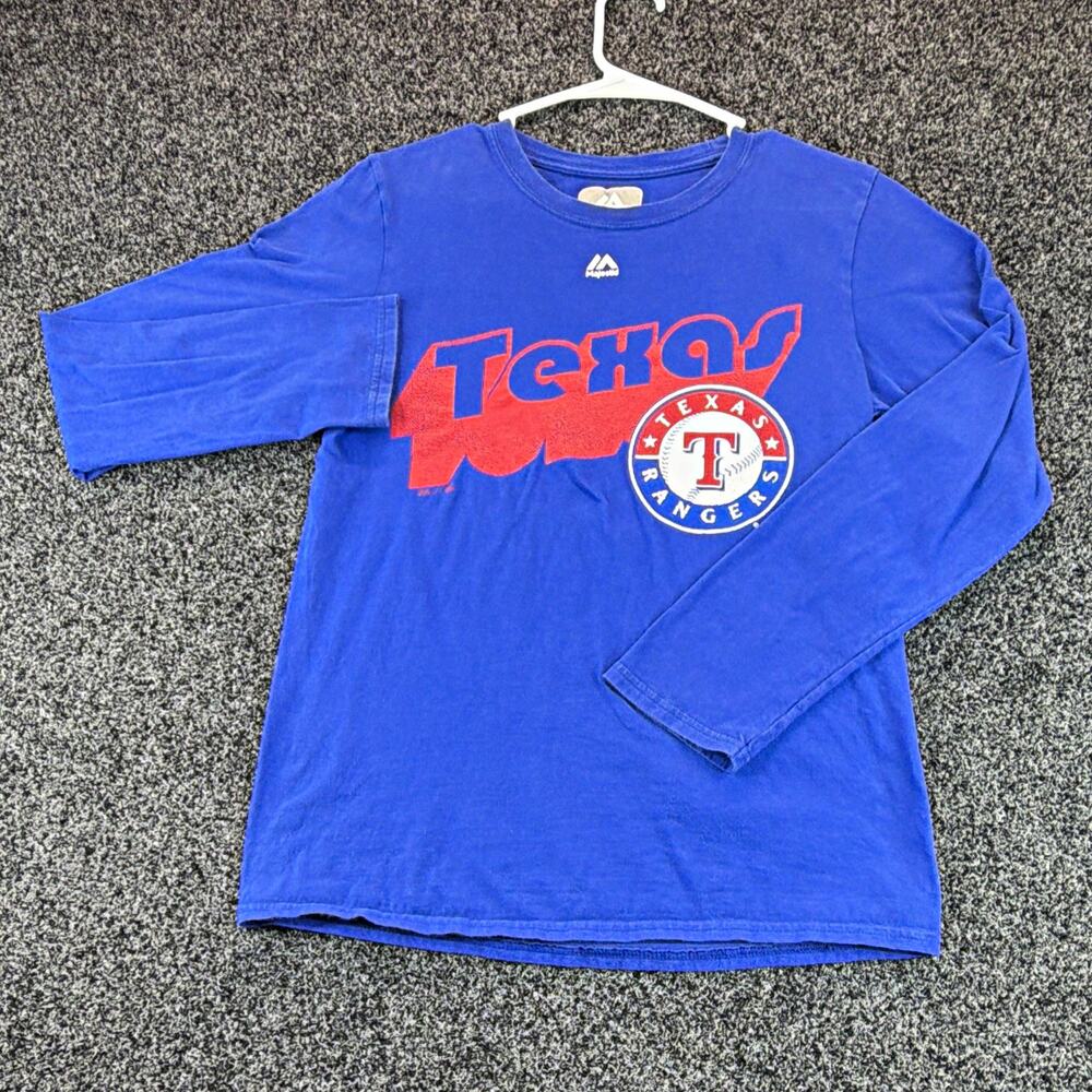 Majestic Boys S Texas Rangers MLB Blue Long Sleeve Crew Neck Cotton T-Shirt